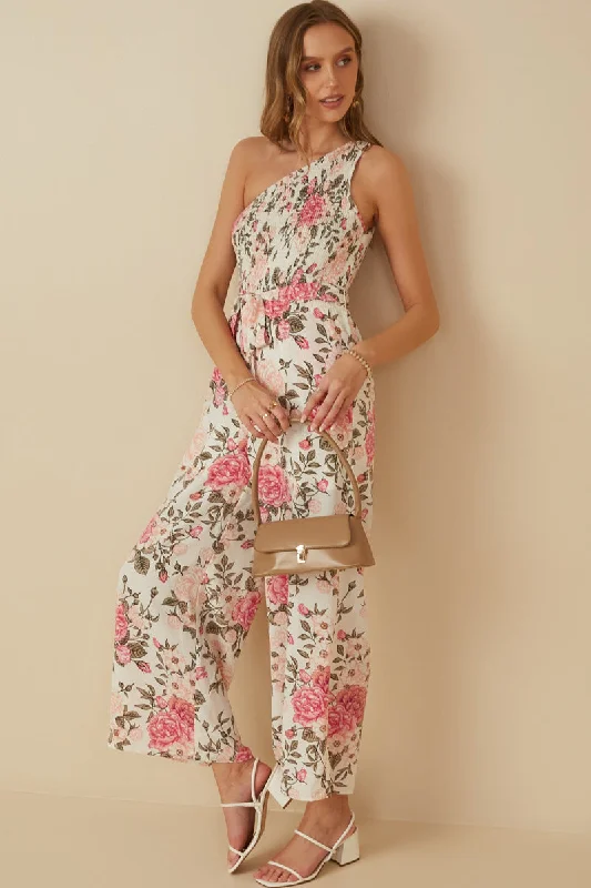 Chic plus size dresses for evenings drape perfectly -Romantic Floral Smocked One Shoulder Jumpsuit