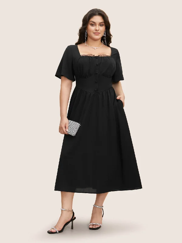 Plus size dresses for summer nights shimmer lightly -Square Neck Guipure Lace Ruffle Sleeve Dress