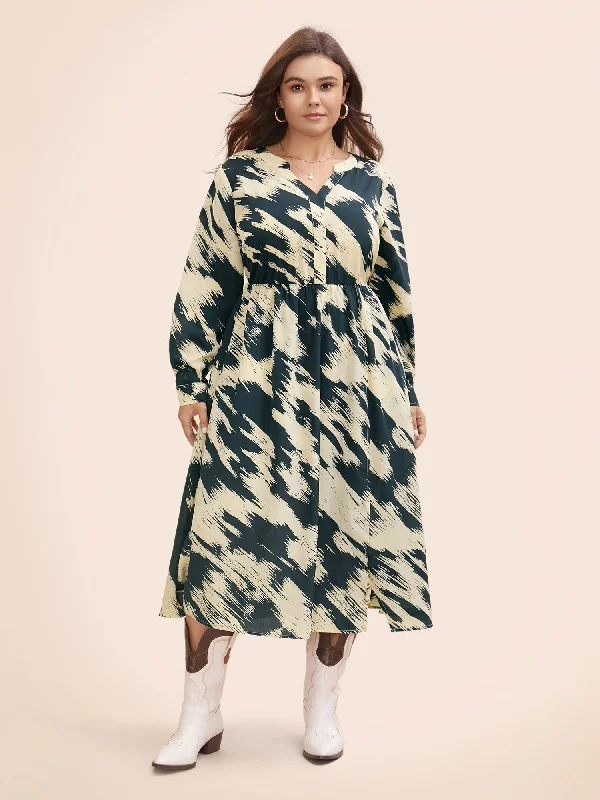 Plus size dresses featuring fuzzy accents are warm -Brush Print Notched Collar Midi Dress