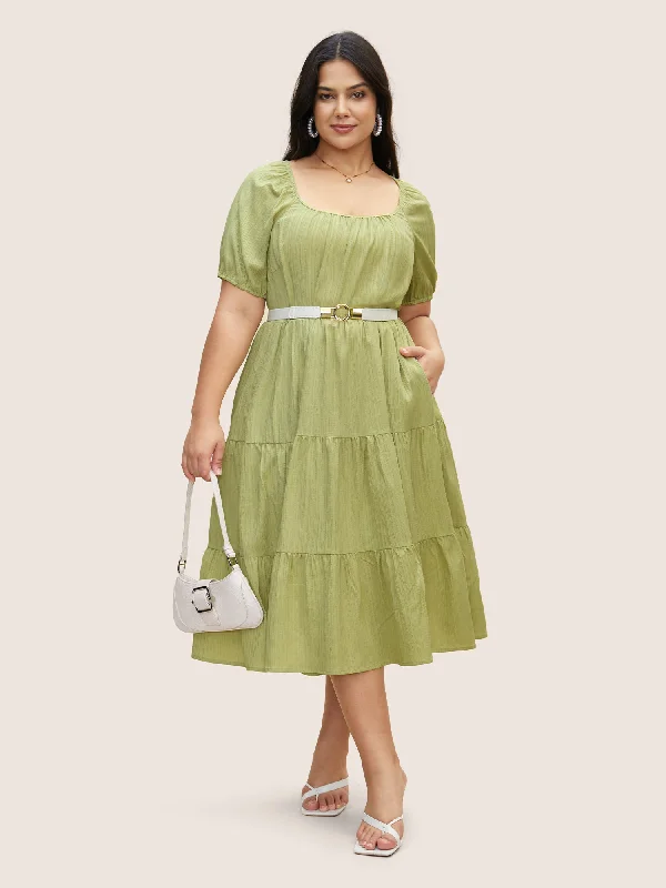 Plus size dresses with matte finishes stay subtle -Texture Gathered Ruffle Layered Hem Midi Dress