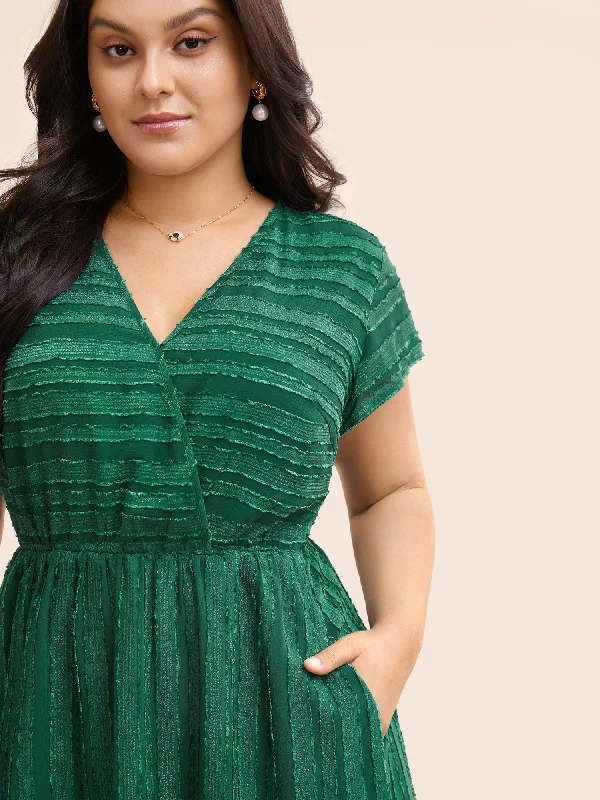 Plus size dresses featuring sequins sparkle subtly -Overlap Collar Plain Textured Midi Dress