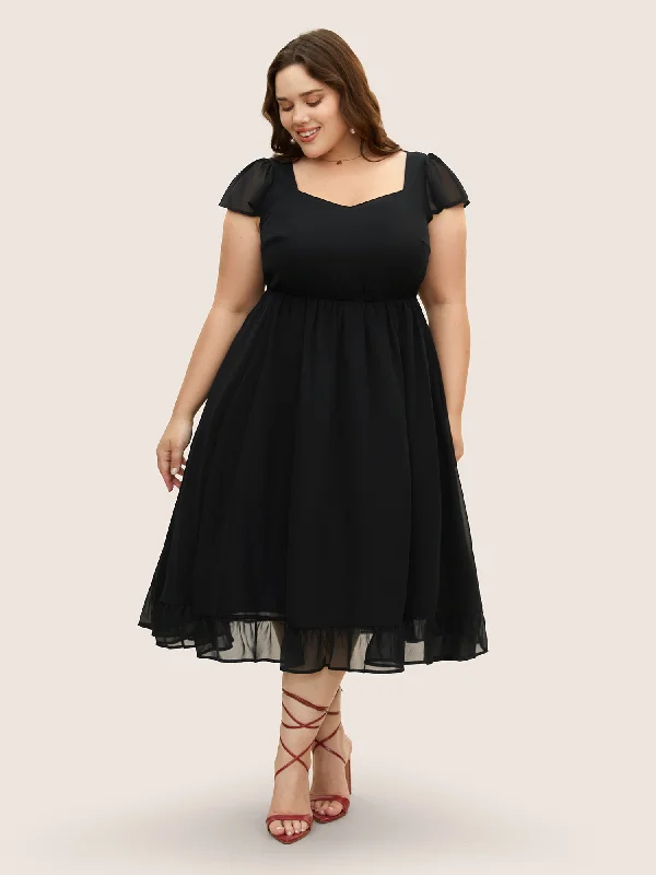 Plus size dresses with short sleeves suit spring -Mesh Patchwork Ruffle Cap Sleeve Midi Dress