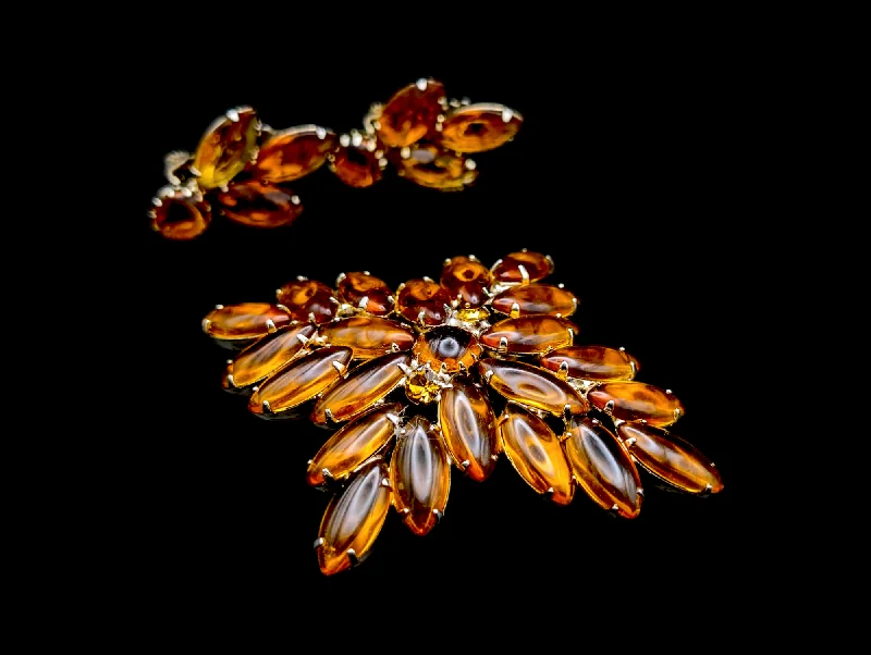 Silver Drop Earrings for Men -Drop earrings with gemstones for a pop of color -1950s Stunning Amber Jelly Rhinestone Cross Brooch with Matching Earrings