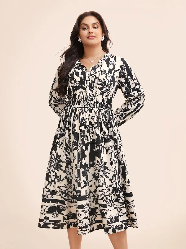 Plus size dresses for celebrations shine with style -Silhouette Floral Print Tie Knot Gathered Dress