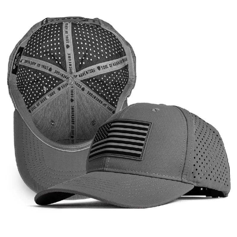 Trucker mesh cap for ventilated cool wear -Performance Snapback | Blackout American Flag | Grey