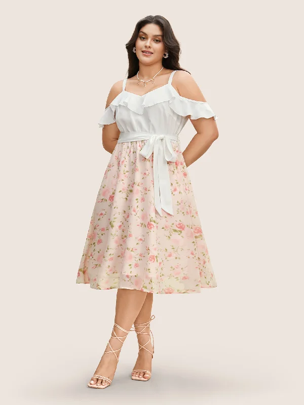 Plus size dresses with sleek finishes stay polished -Chiffon Floral Patchwork Ruffle Trim Midi Dress