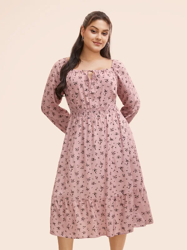 Plus size dresses with timeless charm stay chic -Tie Neck Ditsy Floral Shirred Dress