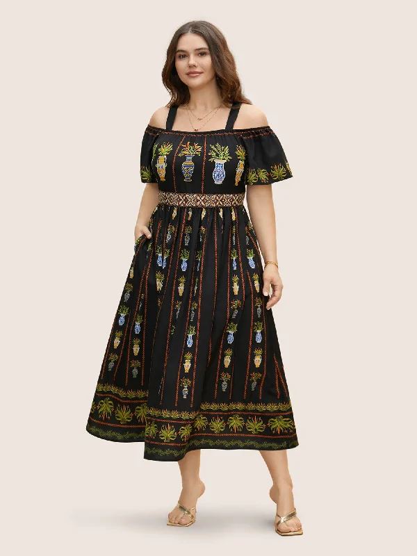 Plus size dresses with classic vibes never age -Boho Print Off Shoulder Woven Ribbon Dress