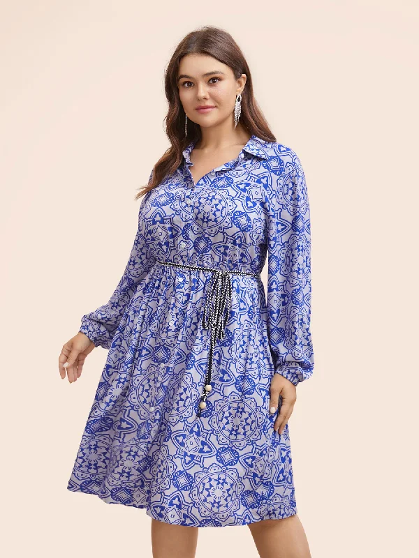 Plus size dresses featuring laser-cut details are unique -Bandana Print Shirt Collar Belted Midi Dress