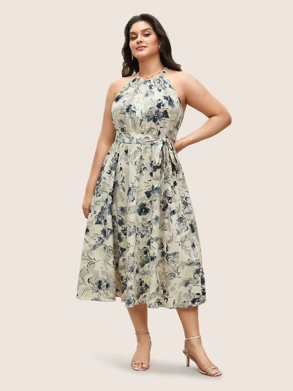 Plus size dresses with sleek necks stay elegant -Watercolor Floral Halter Neck Belted Gathered Dress