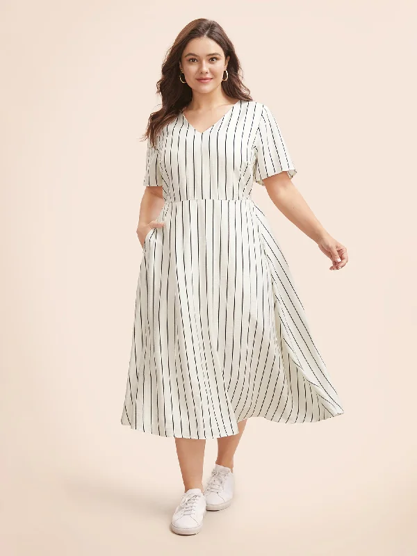 Plus size dresses for wide hips fit nicely -Striped V Neck Pocket Midi Dress