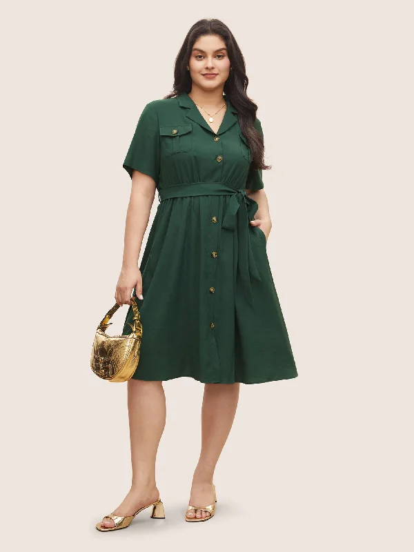 Plus size dresses with classic vibes never age -Plain Suit Collar Belted Flap Detail Dress