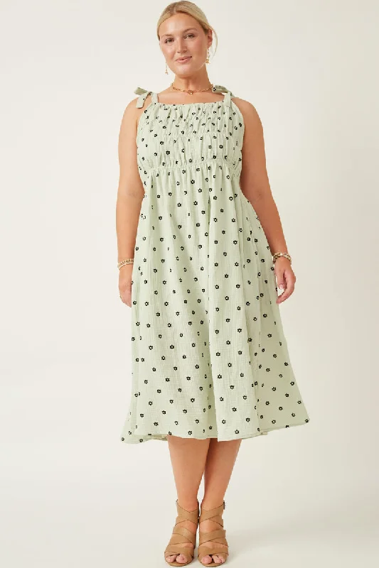 Plus size dresses with ruched details hide flaws -Polka Dot Tie Strap Smocked Dress