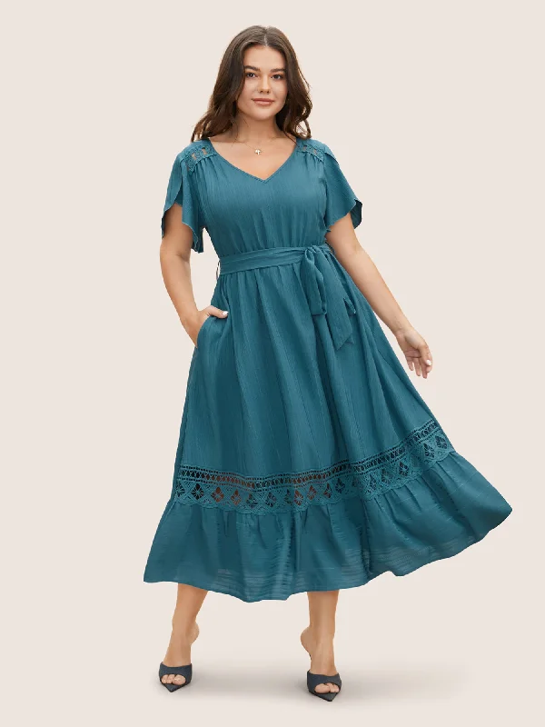 Plus size dresses with unique cuts stand apart -Solid Crochet Lace Petal Sleeve Dress