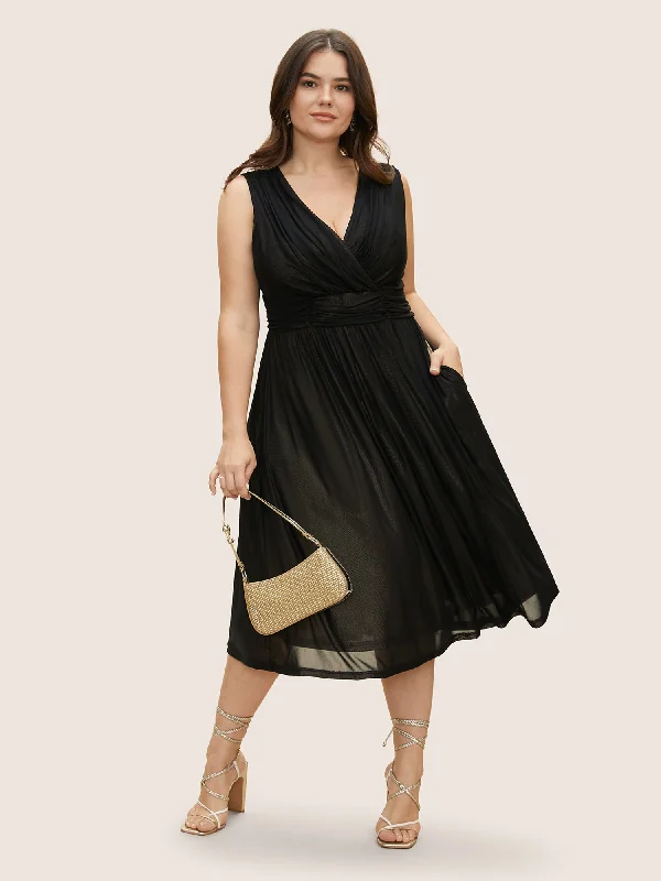 Plus size dresses with side ties cinch nicely -Solid Mesh Ruched Midi Tank Dress