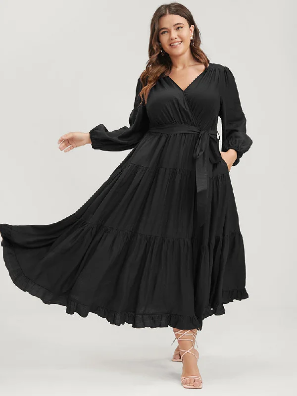 Plus size dresses with sleek silhouettes look sharp -Solid Pocket Flutter Tiered Lantern Sleeve Belted Dress