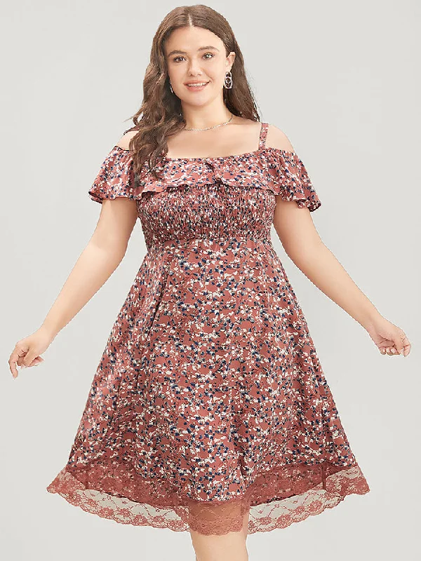 Plus size dresses with high waists define curves -Ditsy Floral Cold Shoulder Shirred Pocket Ruffle Lace Hem Dress