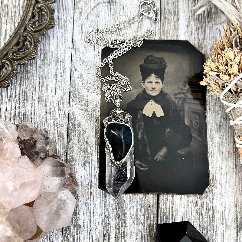 Necklaces and pendants with pearls for a classic and sophisticated touch-Large Raw Clear Quartz & Black Onyx Crystal Statement Necklace in Fine Silver / Foxlark Collection - One of a Kind