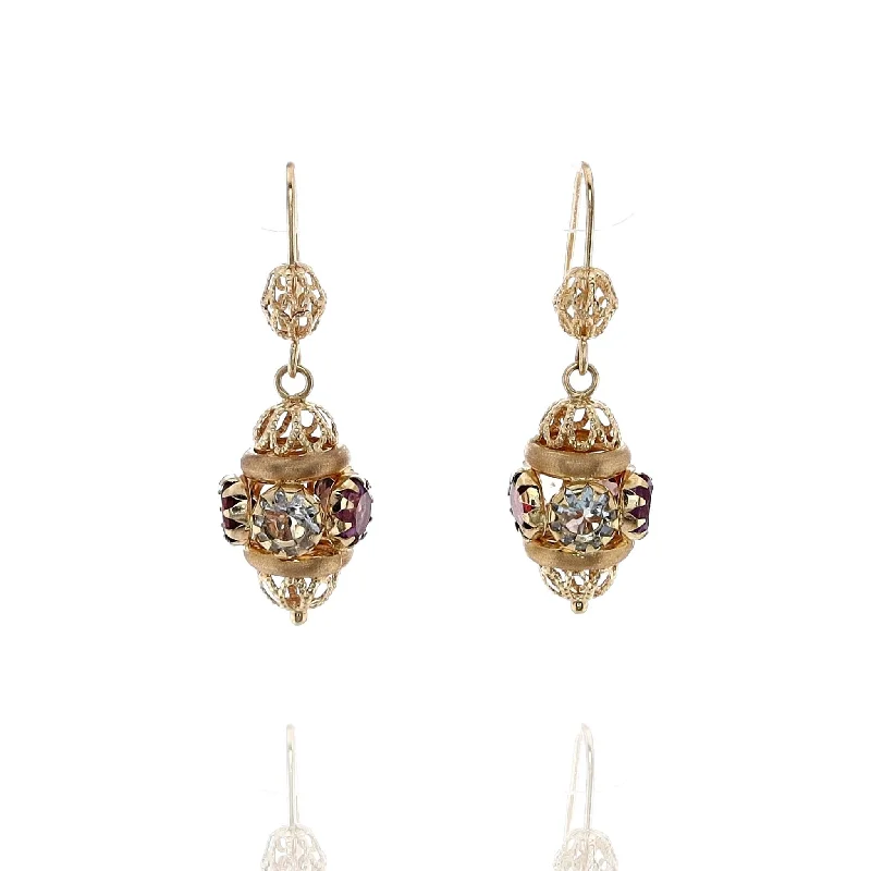 Drop Earrings for Concert Look -Drop earrings with zirconia accents for everyday glamour -Estate 18k Yellow Gold Multi-Colored Stones Fob Design Dangle Earrings