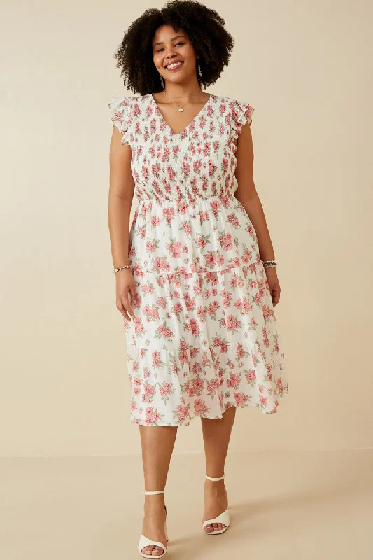 Plus size dresses in soft fabrics feel cozy -Floral Chiffon Smocked Tank Dress