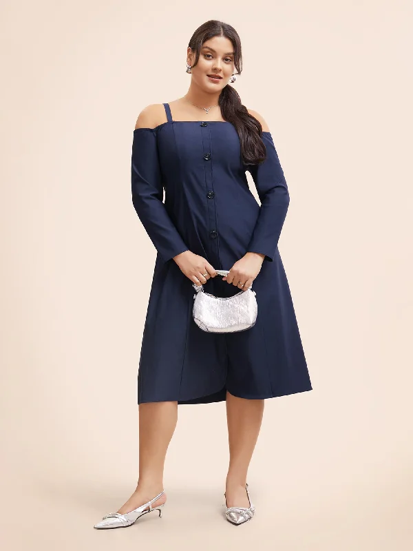 Plus size dresses featuring laser-cut details are unique -Stretch Woven One-Shoulder Midi Dress