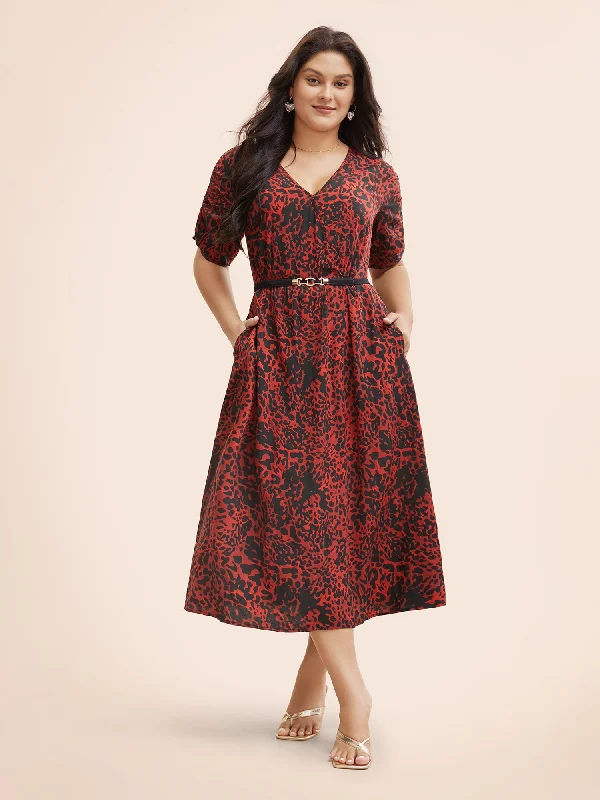 Plus size dresses with scalloped hems feel delicate -Leopard Print V Neck Gathered Dress