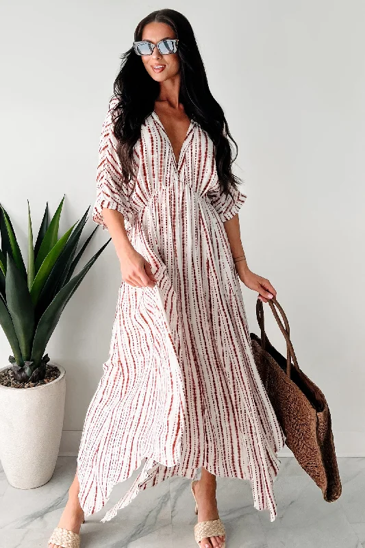 Plus size dresses with unique cuts stand apart -Amalfi Coast Striped Deep V Midi Dress (Ivory/Brown)