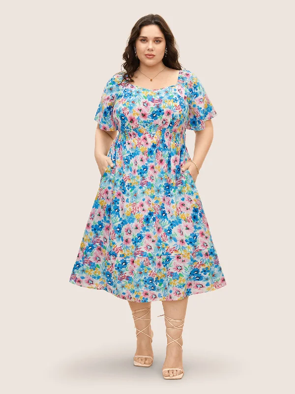 Stylish plus size dresses with stretch fabric flatter all -Heart Neckline Floral Ruffle Sleeve Dress