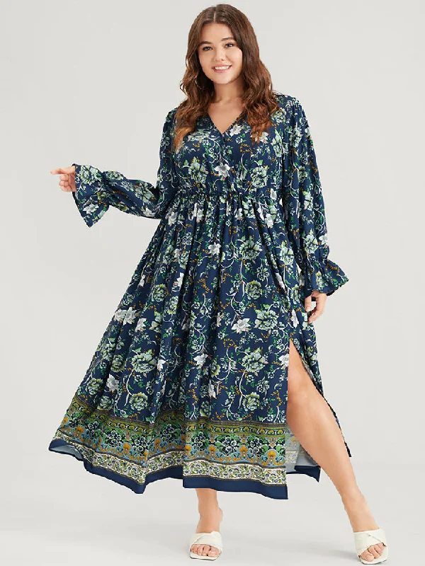 Plus size dresses with durable fabrics endure wear -Floral Lantern Sleeve Pocket Split Wrap Flutter Hem Maxi Dress