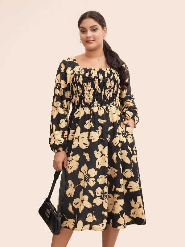 Plus size dresses with fitted bodices shape beautifully -Floral Square Neck Shirred Lantern Sleeve Dress