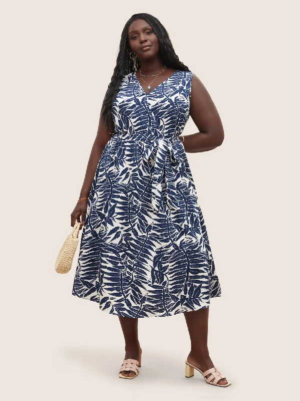 Plus size dresses featuring animal prints feel wild -Plants Wrap Pocket Sleeveless Belted Dress