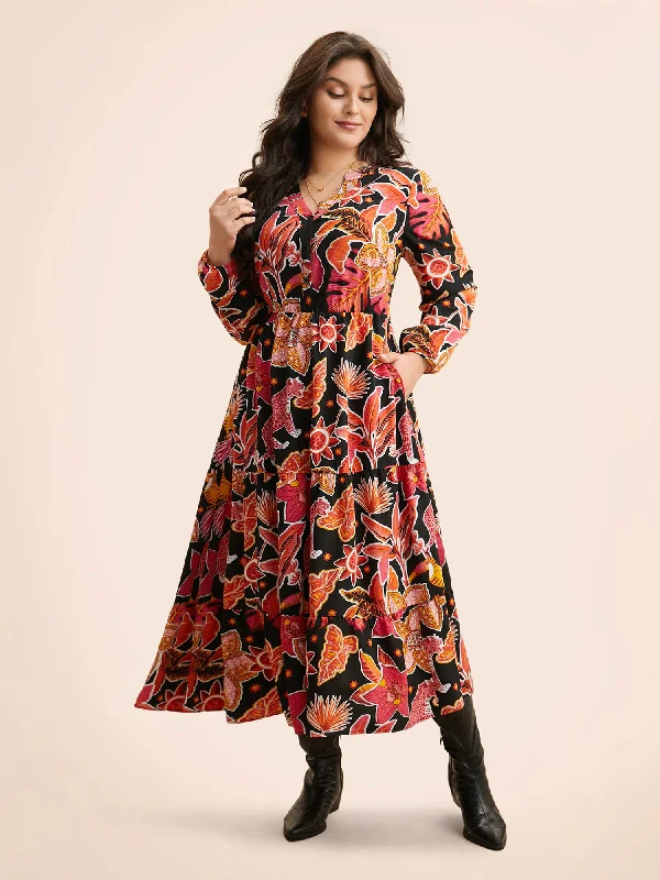 Plus size dresses with playful details add charm -Notched Floral Elastic Waist Maxi Dress