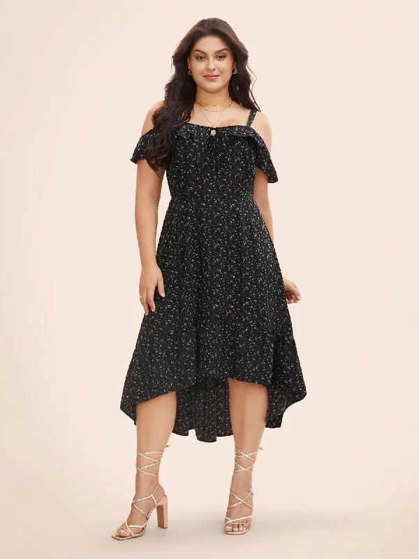 Plus size dresses with bold stripes add flair -Ditsy Floral One Shoulder Neck Ruffles Dress