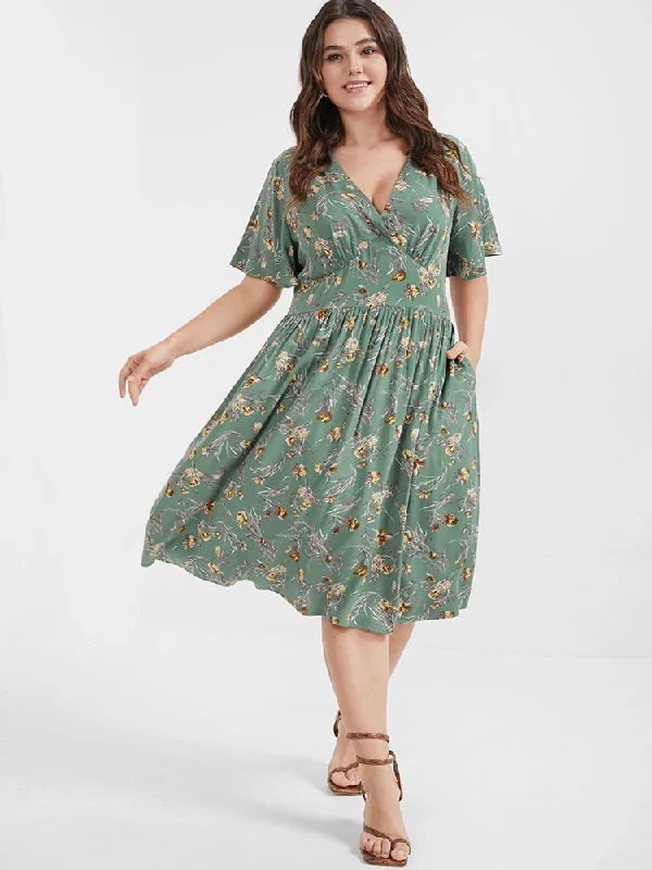 Chic plus size dresses for evenings drape perfectly -Bloom Dress - Floral Flutter Shirred Pocket V Neck Dress