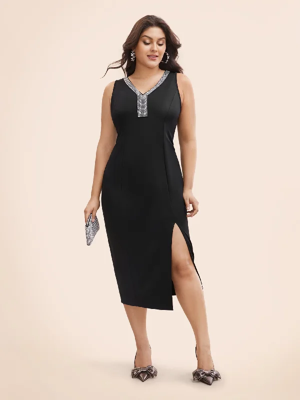 Plus size dresses for cold seasons warm up -Rhinestone V Neck Split Hem Dress