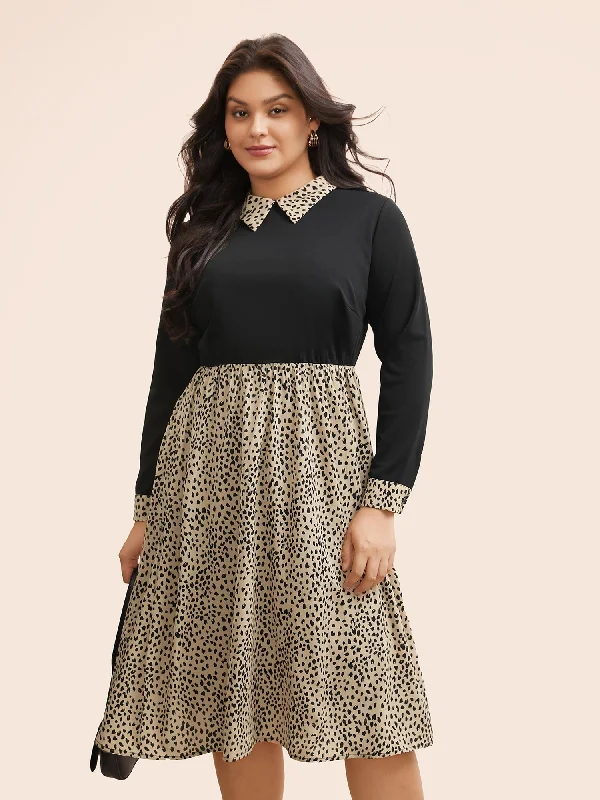 Plus size dresses featuring gemstone details shine subtle -Shirt Collar Leopard Print Patchwork Dress