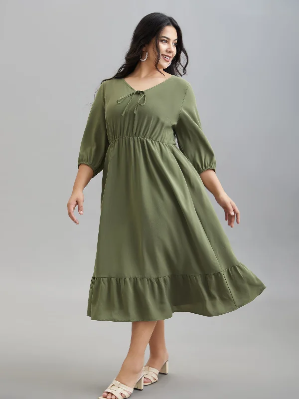 Plus size dresses featuring textured weaves add interest -Lantern Sleeve V-Neck Tiered Midi Dress