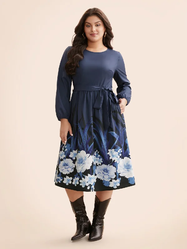 Plus size dresses featuring polka dots feel playful -Boho Print Belted Lantern Sleeve Dress