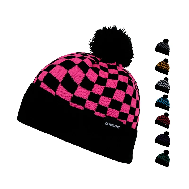 Wool trucker cap for warm stylish wear -Cuglog K019 Changbai Checker Cuffed Knit Pom Pom Beanies Hats Winter Ski Caps