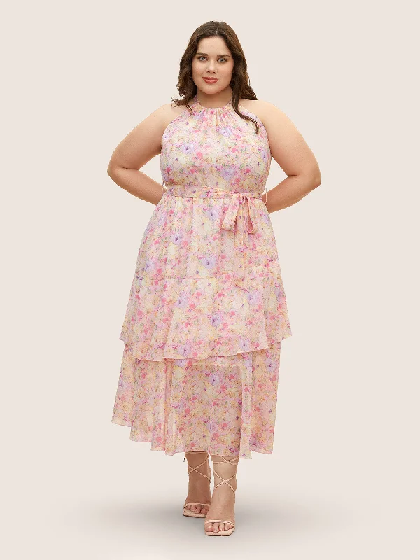 Plus size dresses for travel pack light always -Halter Floral Belted Layered Hem Dress