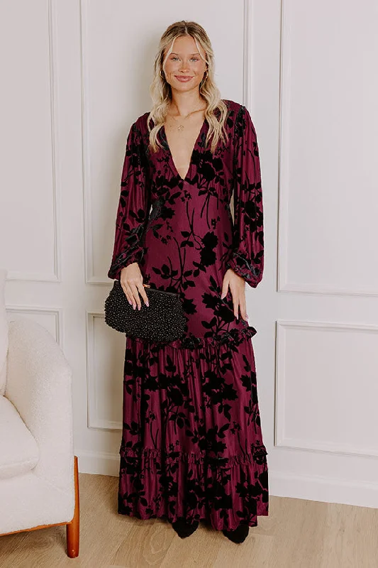 Plus size dresses with classic designs never fade -Moonlit Rendezvous Velvet Burnout Maxi Dress in Windsor Wine