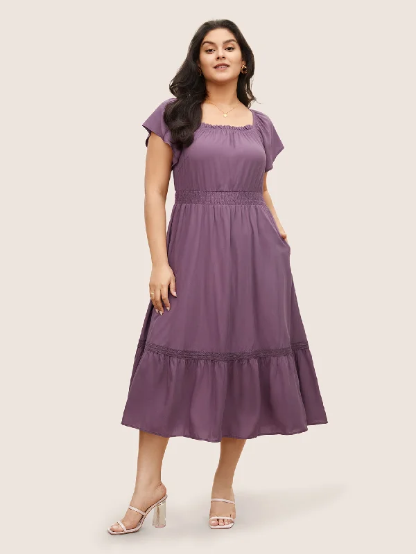 Plus size dresses with high necklines look refined -Solid Cap Sleeve Shirred Frill Trim Dress