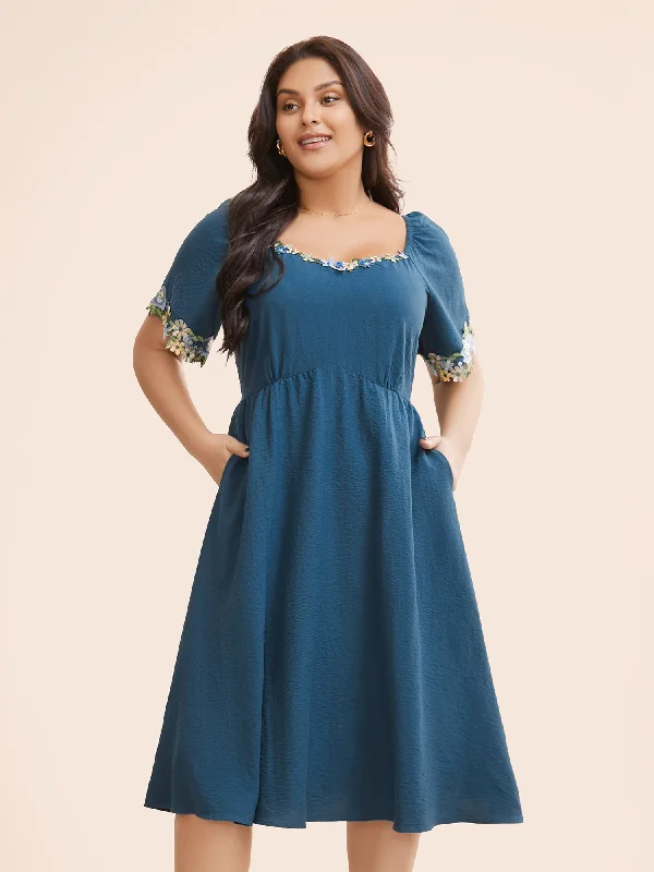 Plus size dresses with comfy flows feel gentle -Floral Embroidered Heart Neckline Gathered Dress