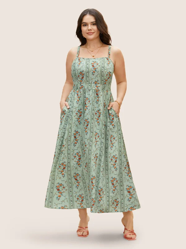 Stylish plus size dresses with stretch fabric flatter all -Boho Print Square Neck Maxi Cami Dress