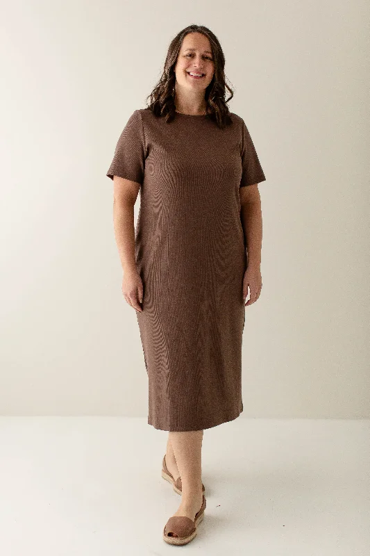 Plus size dresses with sleek fits elongate frames -'Constance' Bamboo Blend Ribbed Midi Dress in Brown