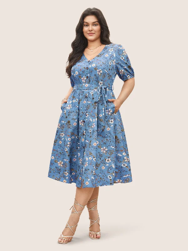 Stylish plus size dresses with stretch fabric flatter all -Ditsy Floral Belted Lantern Sleeve Button Up Dress