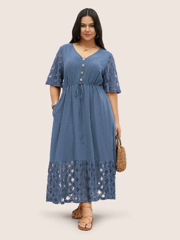 Comfortable plus size dresses for daily wear feel great -Crochet Lace Mesh Button Detail Drawstring Dress