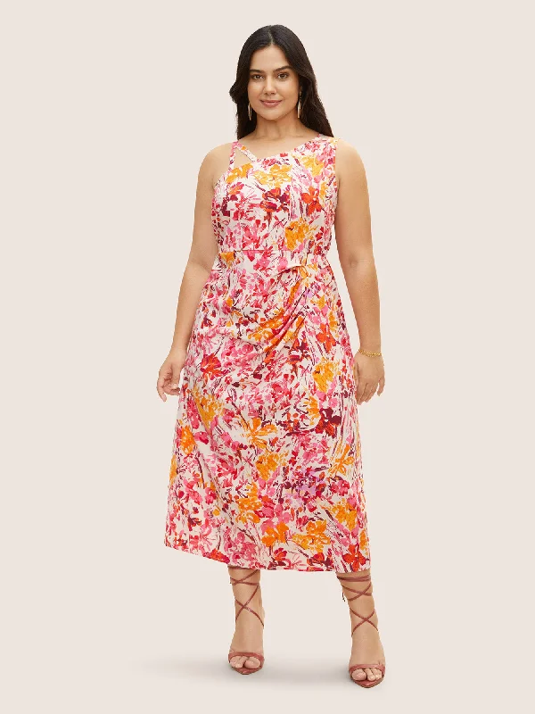 Plus size dresses for evening wear glow softly -Asymmetrical Neck Watercolor Floral Pleated Dress