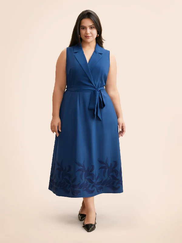 Plus size dresses with unique cuts stand apart -Suit Collar Floral Belted Sleeveless Dress