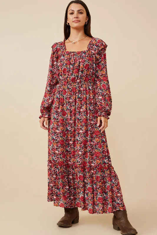 Plus size dresses with classic designs never fade -Floral Print Ruffled Square Neck Midi Dress